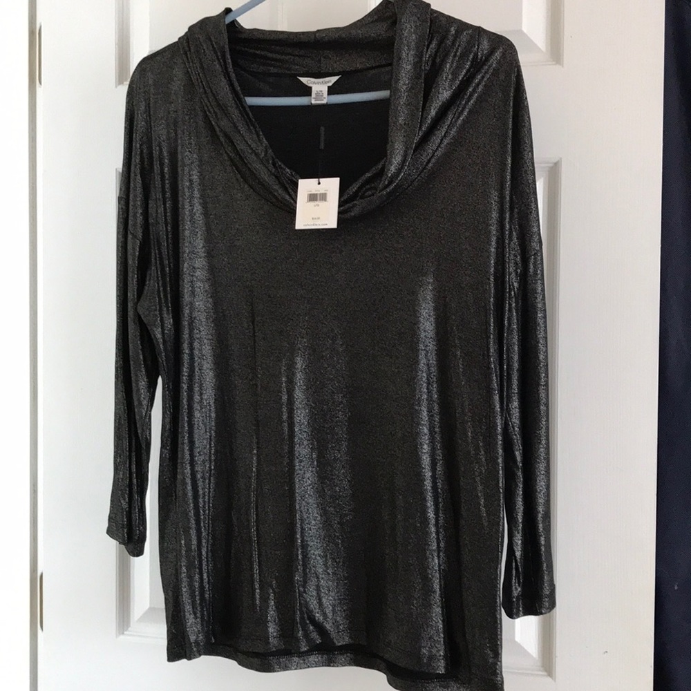 Calvin Klein Jeans Black Silver Knit Shirt Tunic Cowl Top L